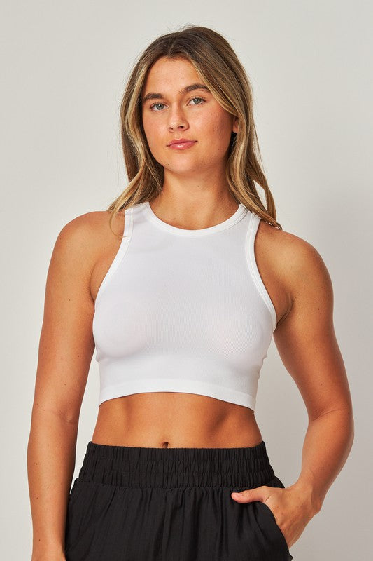 STYLED BY ALX COUTURE MIAMI BOUTIQUE  White Fine Ribbed Seamless High Neck Crop Top