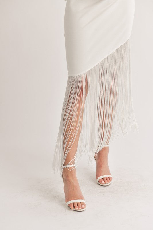 STYLED BY ALX COUTURE MIAMI BOUTIQUE Off White Side Cutout Fringed Hem Maxi Dress