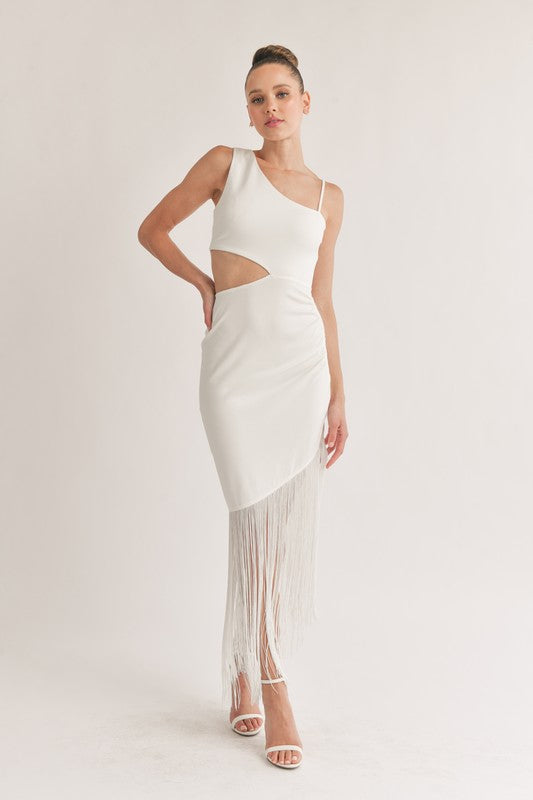STYLED BY ALX COUTURE MIAMI BOUTIQUE Off White Side Cutout Fringed Hem Maxi Dress