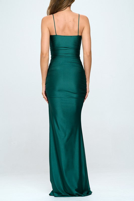 STYLED BY ALX COUTURE MIAMI BOUTIQUE Hunter Green Ruched Slit Mermaid Maxi Dress