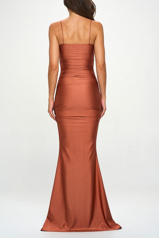 STYLED BY ALX COUTURE MIAMI BOUTIQUE Copper Ruched Slit Mermaid Maxi Dress
