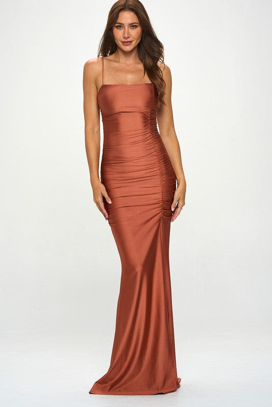 STYLED BY ALX COUTURE MIAMI BOUTIQUE Copper Ruched Slit Mermaid Maxi Dress