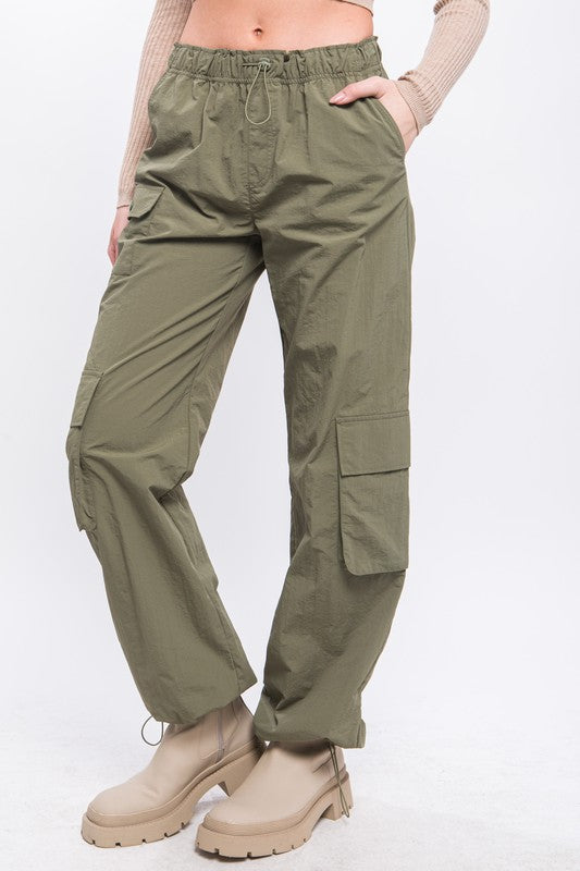 STYLED BY ALX COUTURE MIAMI BOUTIQUE Light Olive Cargo Parachute Pants With Toggle Detail