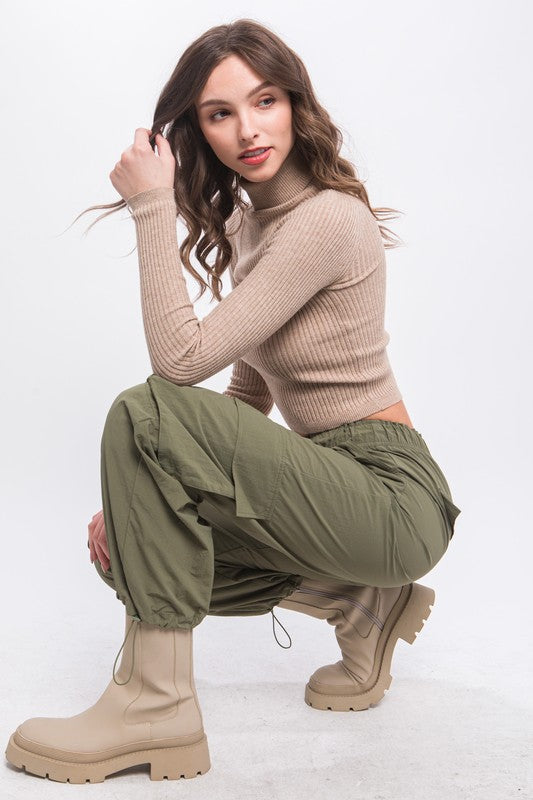 STYLED BY ALX COUTURE MIAMI BOUTIQUE Light Olive Cargo Parachute Pants With Toggle Detail