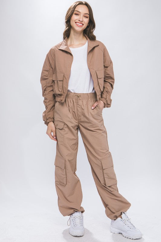 STYLED BY ALX COUTURE MIAMI BOUTIQUE Taupe Cargo Parachute Pants With Toggle Detail