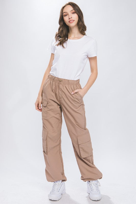 STYLED BY ALX COUTURE MIAMI BOUTIQUE Taupe Cargo Parachute Pants With Toggle Detail