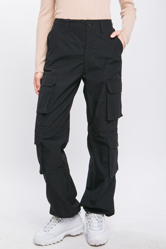 STYLED BY ALX COUTURE MIAMI BOUTIQUE Black Cargo Pants With Button Closure & Multiple Pockets