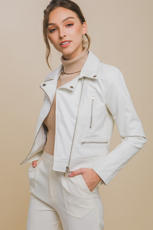 STYLED BY ALX COUTURE MIAMI BOUTIQUE White Faux Leather Zip Up Biker Jacket