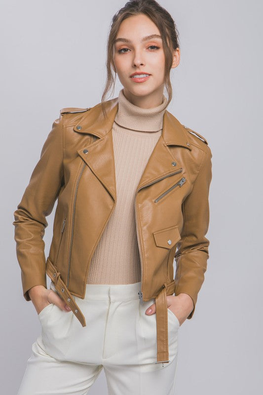 STYLED BY ALX COUTURE MIAMI BOUTIQUE Camel Faux Leather Zip Up Biker Jacket