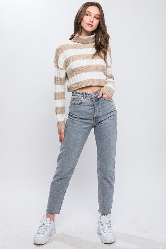 STYLED BY ALX COUTURE MIAMI BOUTIQUE Oatmeal Turtleneck Striped Knit Cropped Sweater