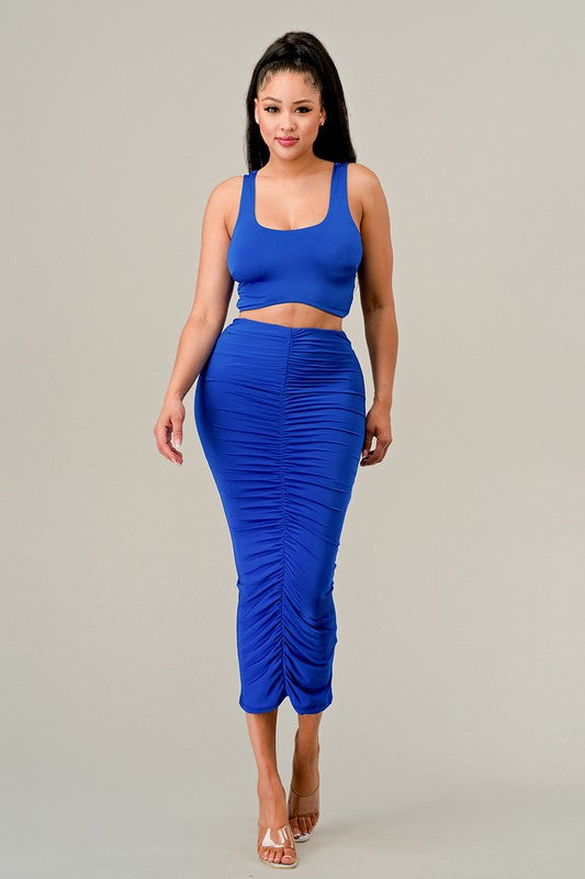 STYLED BY ALX COUTURE MIAMI BOUTIQUE Royal Curved Hem Crop Top Ruched Skirt Set