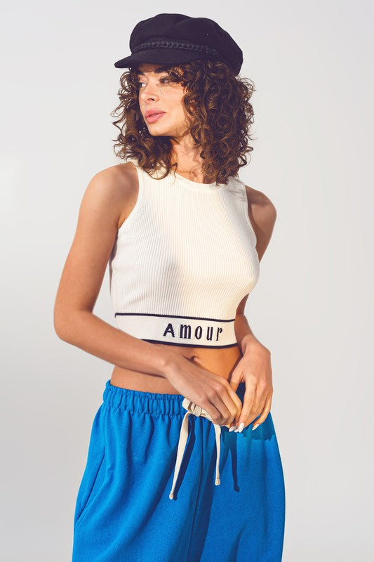 STYLED BY ALX COUTURE MIAMI BOUTIQUE White Knitted Amour Text Tank Top