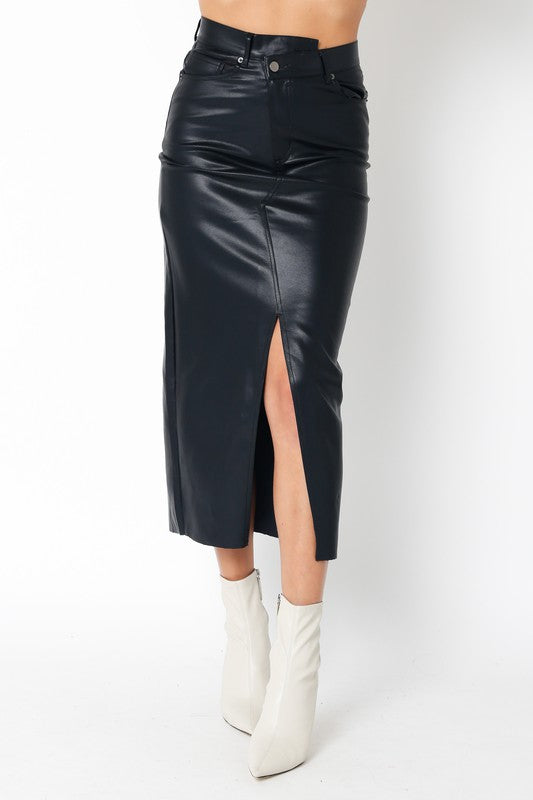 STYLED BY ALX COUTURE MIAMI BOUTIQUE Black Gia Pu Midi Skirt Midi skirt leather skirt midi basic skirt 