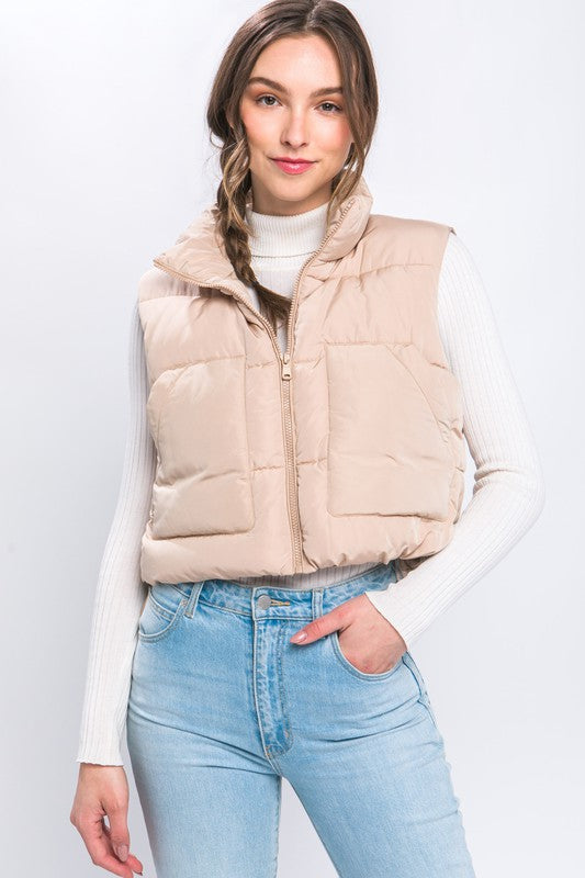 STYLED BY ALX COUTURE MIAMI BOUTIQUE Khaki Puffer Vest With Pockets