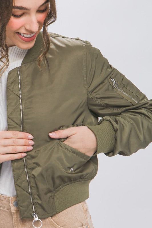 STYLED BY ALX COUTURE MIAMI BOUTIQUE Olive Zip Up Bomber Jacket With Sleeve Zipper Detail