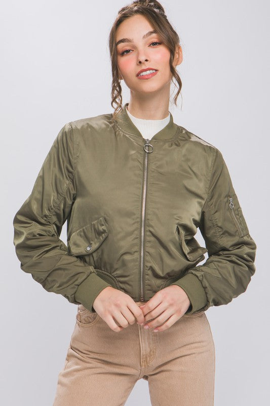 STYLED BY ALX COUTURE MIAMI BOUTIQUE Olive Zip Up Bomber Jacket With Sleeve Zipper Detail
