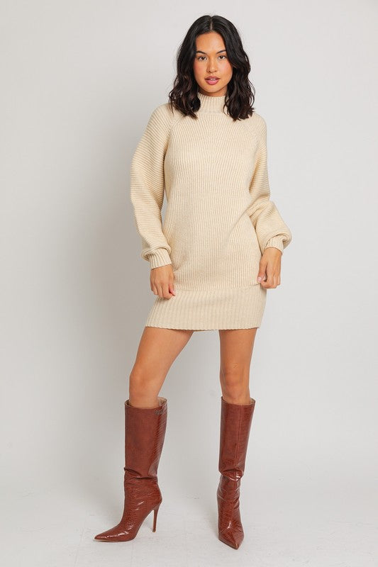 STYLED BY ALX COUTURE MIAMI BOUTIQUE  Oatmeal Mock Neck Cozy Sweater Dress  long sleeve sweater dress for fall season