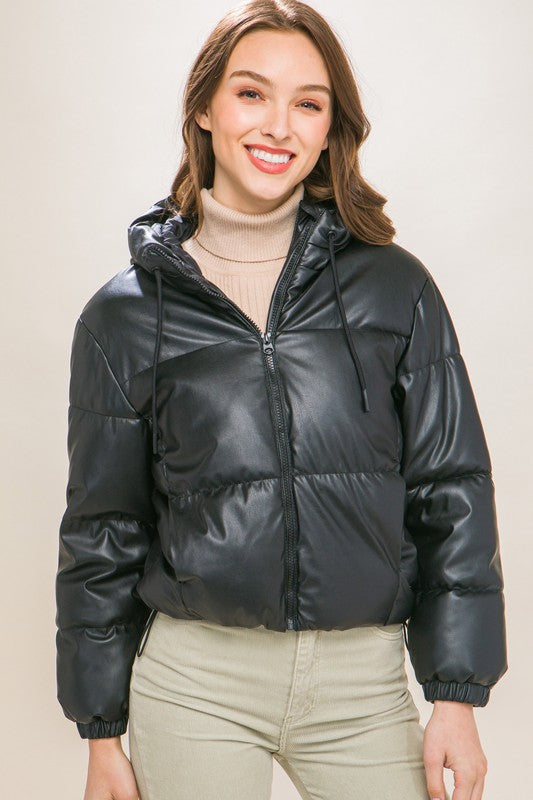 STYLED BY ALX COUTURE MIAMI BOUTIQUE Black PU Faux Leather Zipper Hooded Puffer Jacket