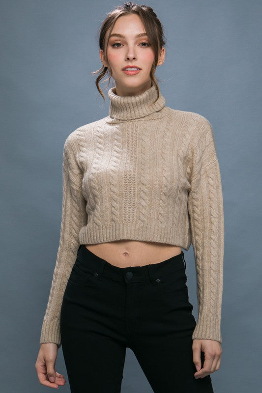 STYLED BY ALX COUTURE MIAMI BOUTIQUE Oatmeal High Neck Cable Knit Cropped Sweater Top