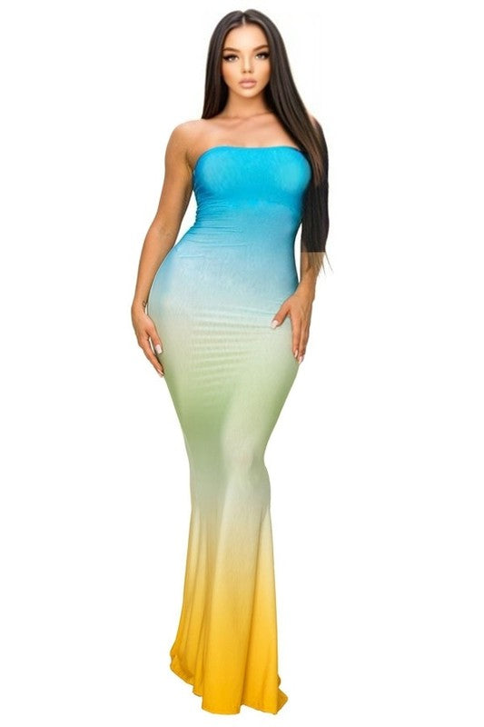 model is wearing Blue Mustard Gradient Tube Maxi Dress