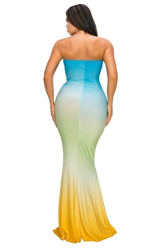 back of the Blue Mustard Gradient Tube Maxi Dress