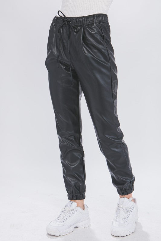 STYLED BY ALX COUTURE MIAMI BOUTIQUE Black PU Faux Leather Jogger Pants