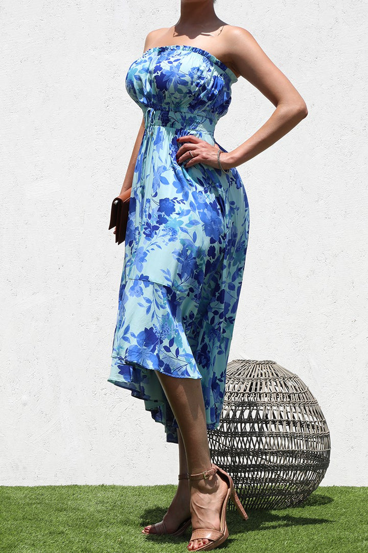 STYLED BY ALX COUTURE MIAMI BOUTIQUE Blue Printed Woven Dress off shoulder ruched bust midi dress 