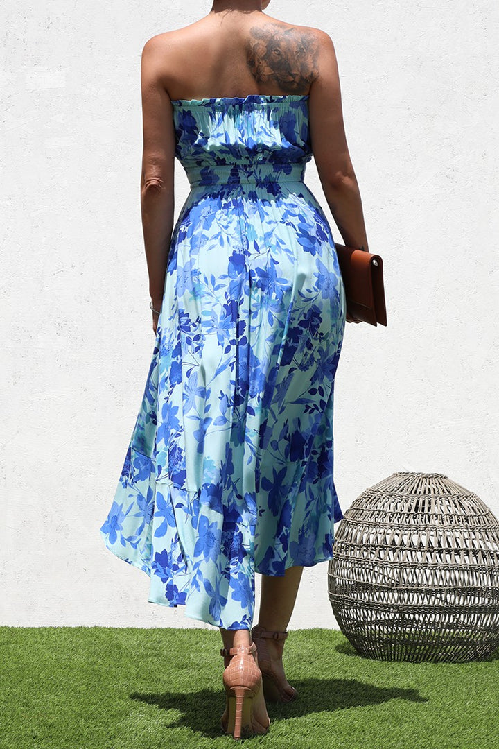 STYLED BY ALX COUTURE MIAMI BOUTIQUE Blue Printed Woven Dress ruched bust short front and larger on the bottom back midi dress 