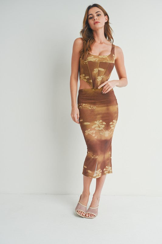 STYLED BY ALX COUTURE MIAMI BOUTIQUE Brown Leaf Print Corset Top Midi Skirt Set