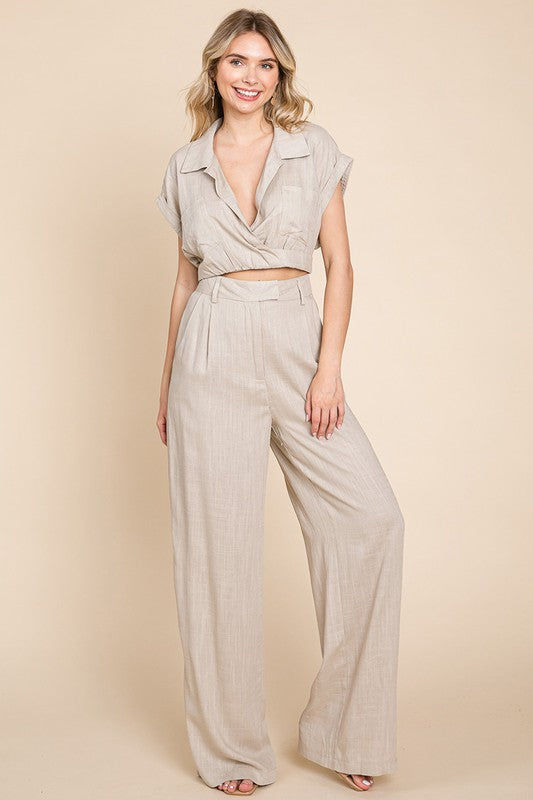 STYLED BY ALX COUTURE MIAMI BOUTIQUE Natural Linen Hide Waist Wide Leg Pants and Crop Top Set  
