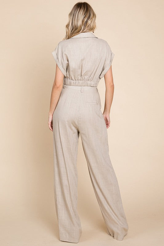 STYLED BY ALX COUTURE MIAMI BOUTIQUE Model is wearing Natural Linen Hide Waist Wide Leg Pants and Crop Top Set back view