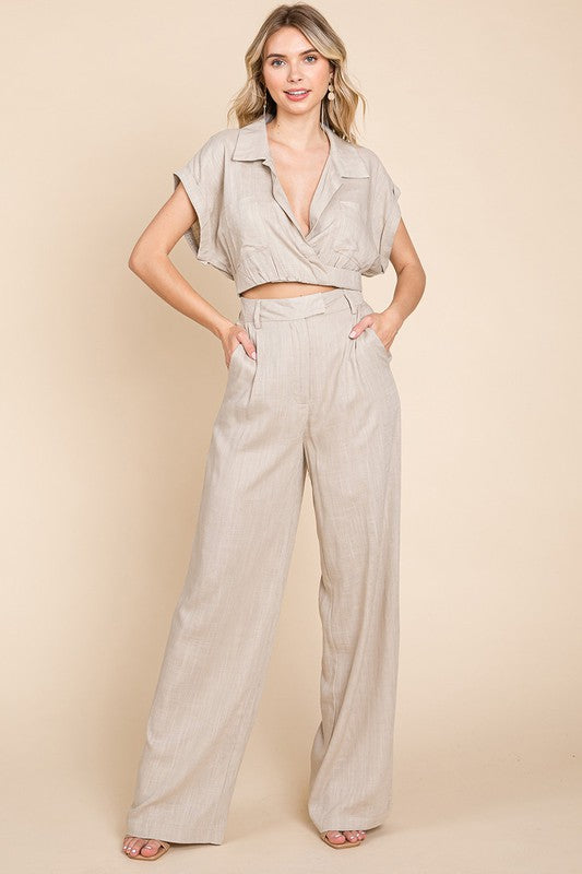 STYLED BY ALX COUTURE MIAMI BOUTIQUE Model is wearing Natural Linen Hide Waist Wide Leg Pants and Crop Top Set