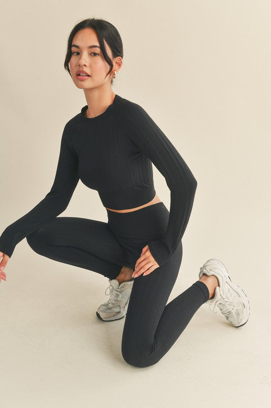 STYLED BY ALX COUTURE MIAMI BOUTIQUE Black Seamless Cable Knit Long Sleeve Top & Legging Set