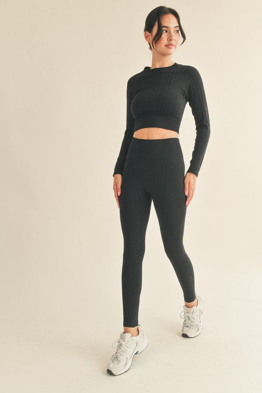 STYLED BY ALX COUTURE MIAMI BOUTIQUE Black Seamless Cable Knit Long Sleeve Top & Legging Set 