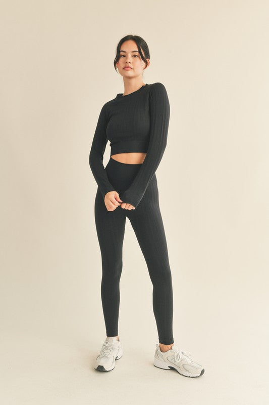 STYLED BY ALX COUTURE MIAMI BOUTIQUE Black Seamless Cable Knit Long Sleeve Top & Legging Set