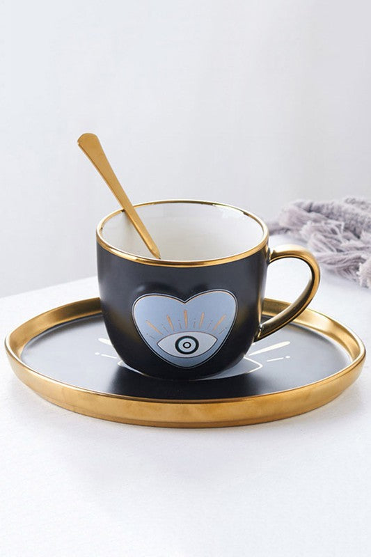 STYLED BY ALX COUTURE MIAMI BOUTIQUE Evil Eye Heart Ceramic Tea Mug Cup and Saucer Set