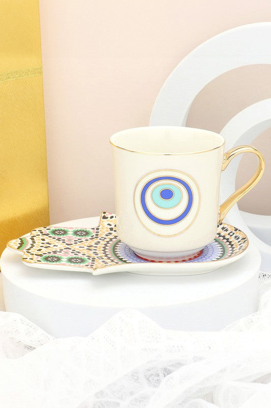 STYLED BY ALX COUTURE MIAMI BOUTIQUE Evil Eye Hamsa Ceramic Tea Mug Cup and Saucer Set