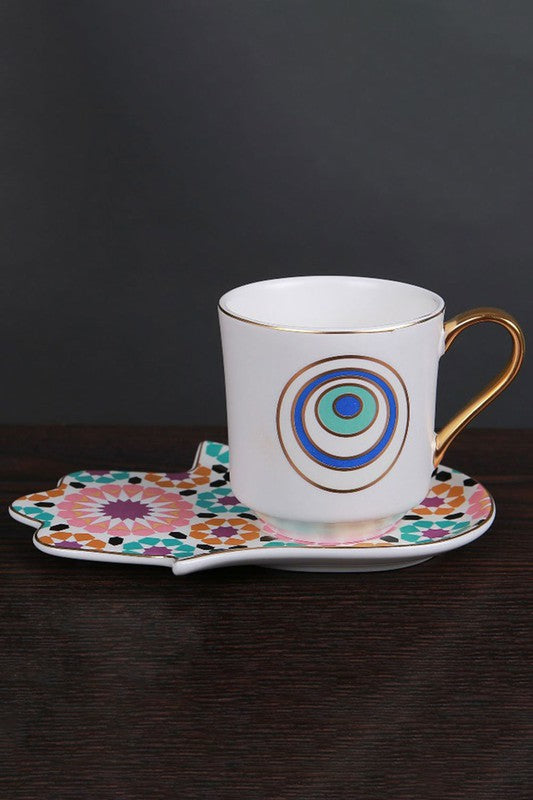 STYLED BY ALX COUTURE MIAMI BOUTIQUE Evil Eye Hamsa Ceramic Tea Mug Cup and Saucer Set
