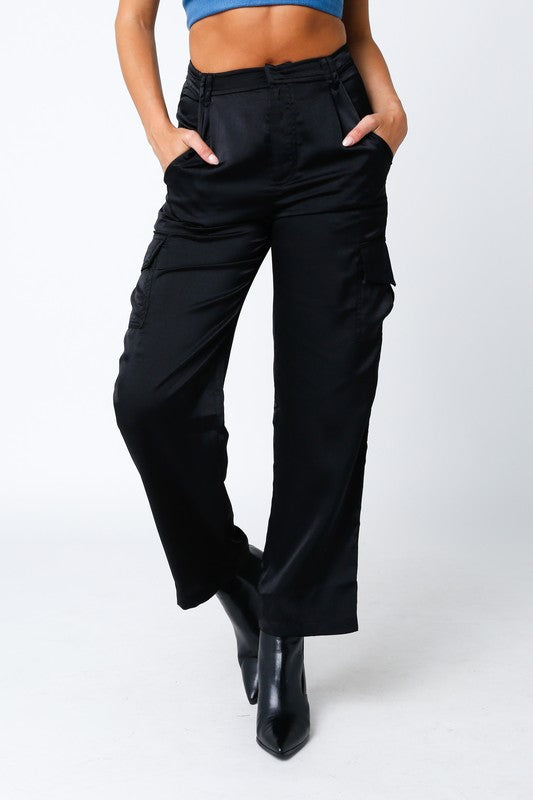 STYLED BY ALX COUTURE MIAMI BOUTIQUE Black Satin Cargo Pants