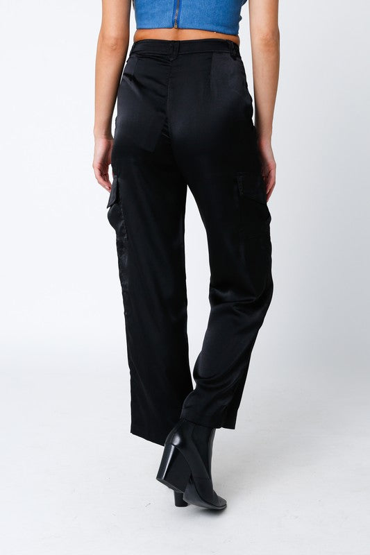 STYLED BY ALX COUTURE MIAMI BOUTIQUE Black Satin Cargo Pants