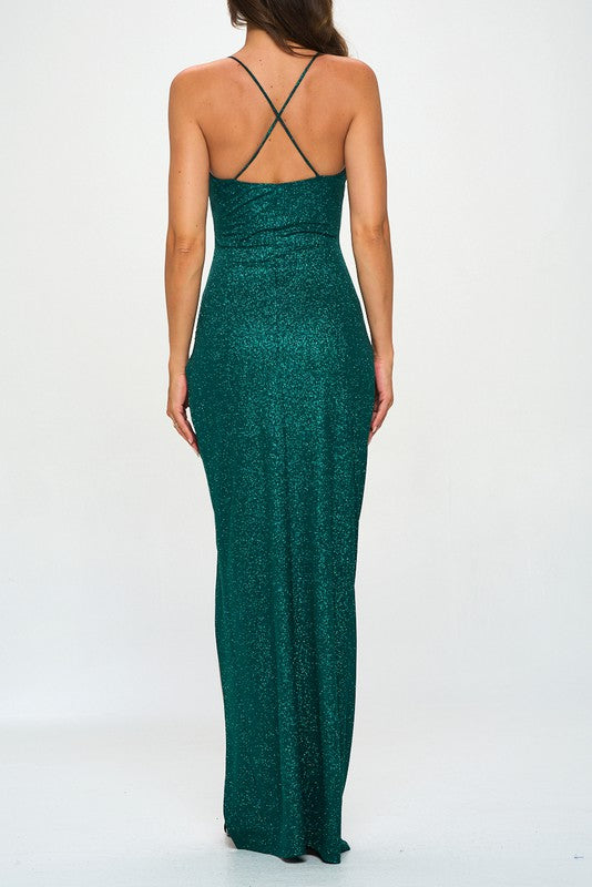 STYLED BY ALX COUTURE MIAMI BOUTIQUE Pine Green Glitter Shirred Wrap Maxi Dress