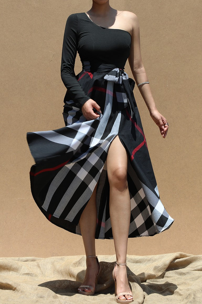 Black Plaid One Shoulder Midi Dress
