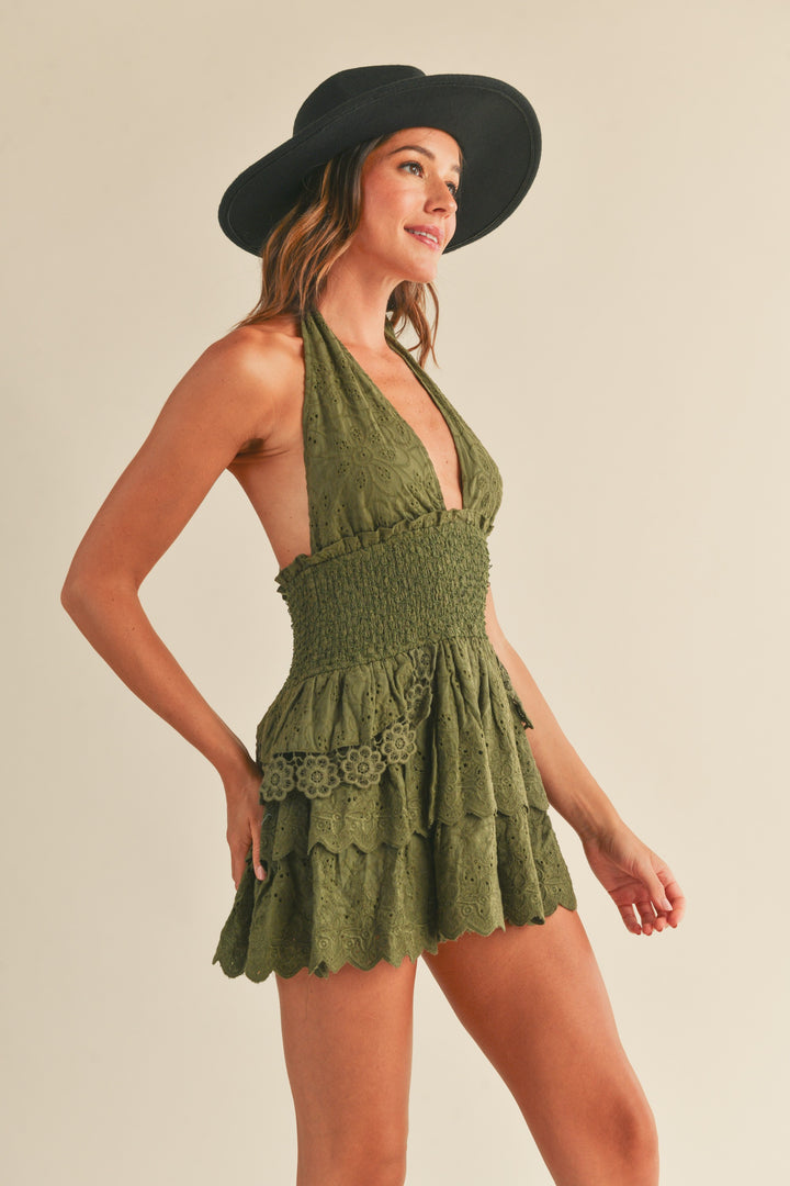 STYLED BY ALX COUTURE MIAMI BOUTIQUE Olive Eyelet Plunging V Neck Mini Dress