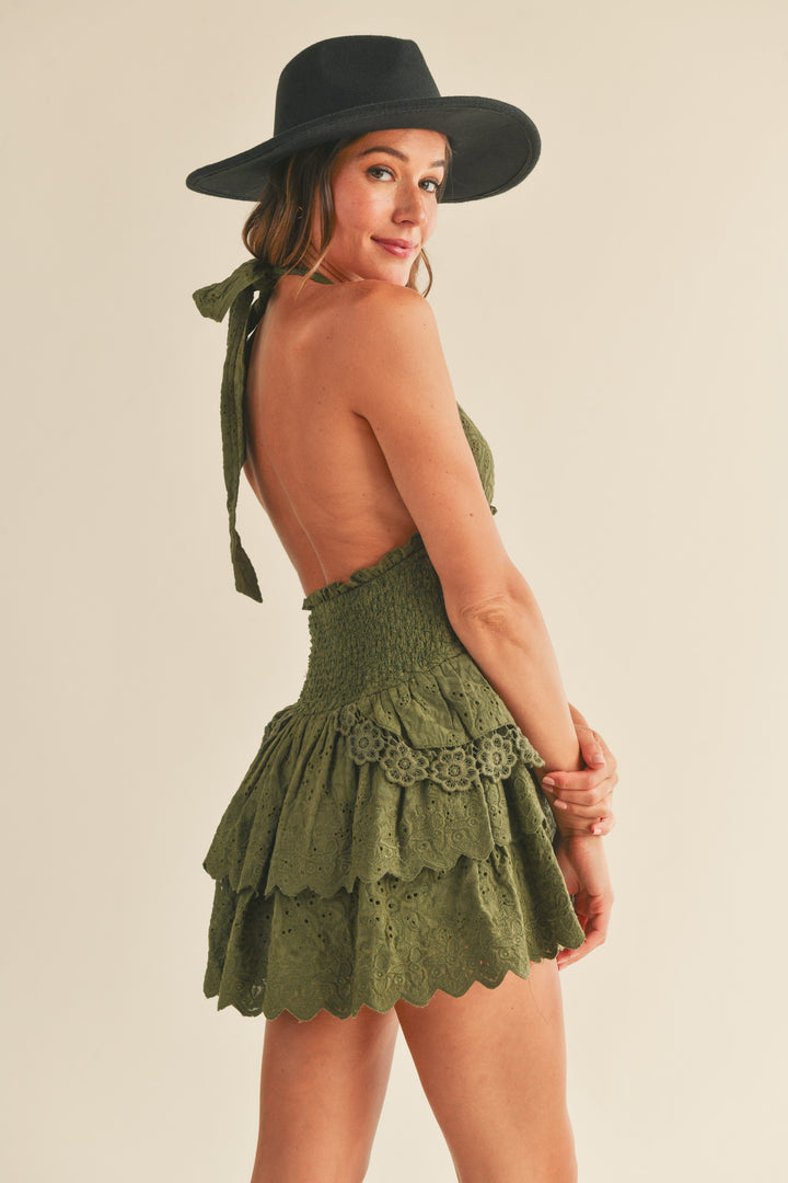STYLED BY ALX COUTURE MIAMI BOUTIQUE Olive Eyelet Plunging V Neck Mini Dress