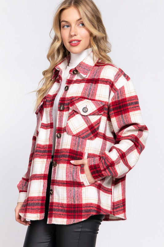 STYLED BY ALX COUTURE MIAMI BOUTIQUE Red Ivory Long Sleeve Wool Blend Plaid Jacket