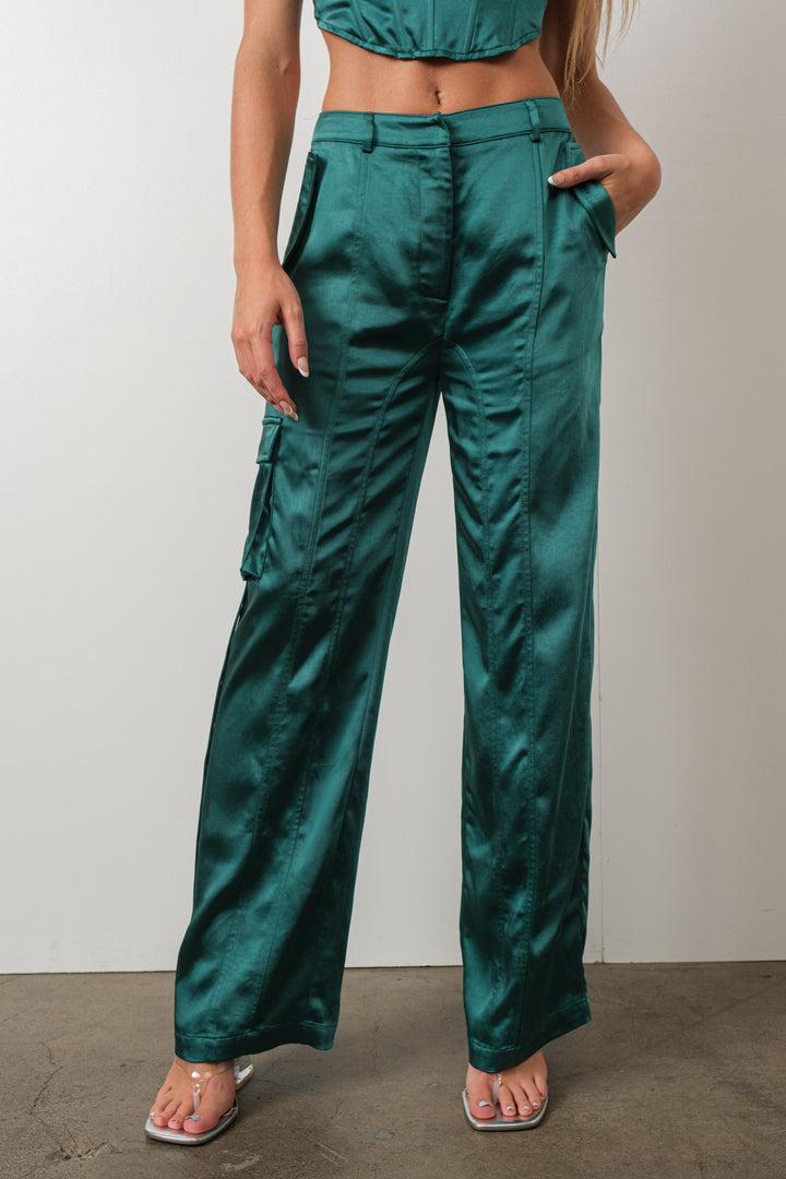 STYLED BY ALX COUTURE MIAMI BOUTIQUE Forest Green Satin Corset Top and Pants Set