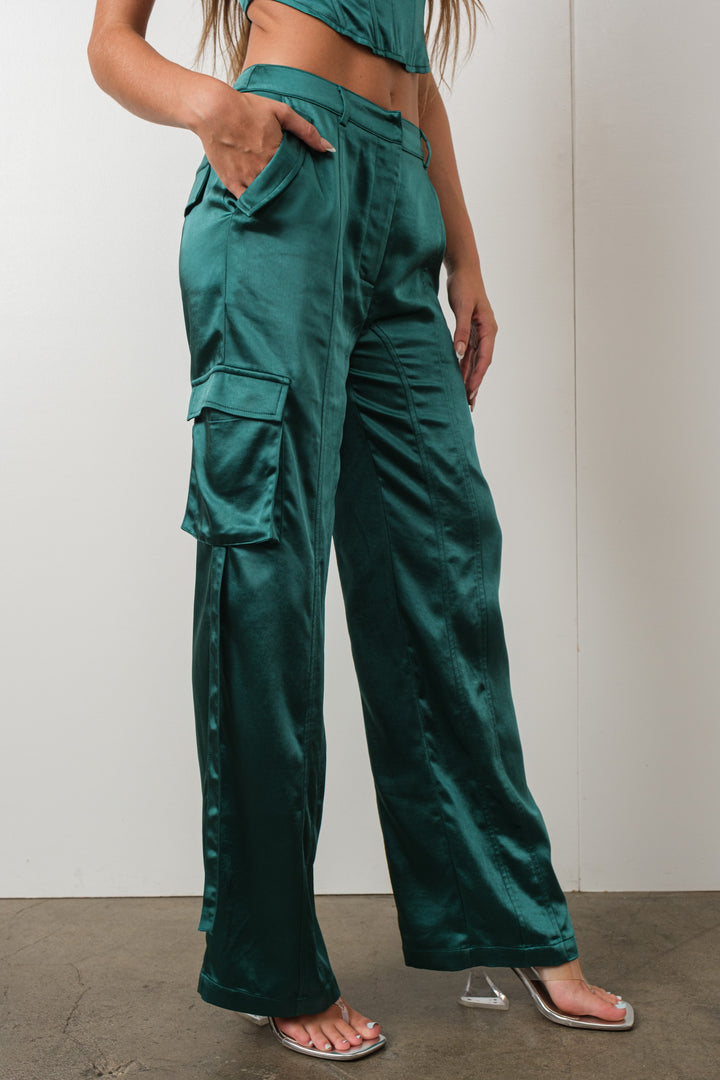 STYLED BY ALX COUTURE MIAMI BOUTIQUE Forest Green Satin Corset Top and Pants Set