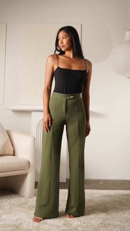 STYLED BY ALX COUTURE MIAMI BOUTIQUE Olive High Waisted Tortoise Button Trouser Pants