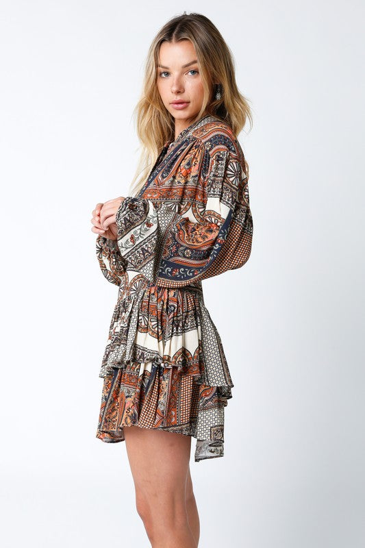 STYLED BY ALX COUTURE MIAMI BOUTIQUE Taupe Multi Deidre Long Sleeve Mini Dress