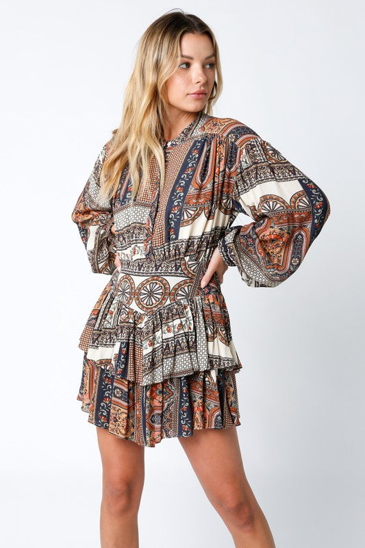 STYLED BY ALX COUTURE MIAMI BOUTIQUE Taupe Multi Deidre Long Sleeve Mini Dress 